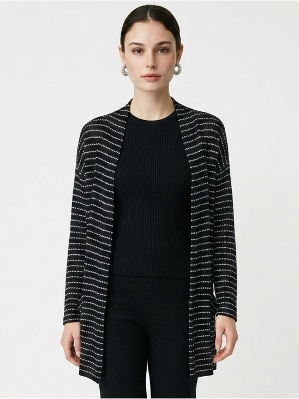 OLIVIA MOON | Black Open Front Cardigan Gray Stripes Women’s Size Medium